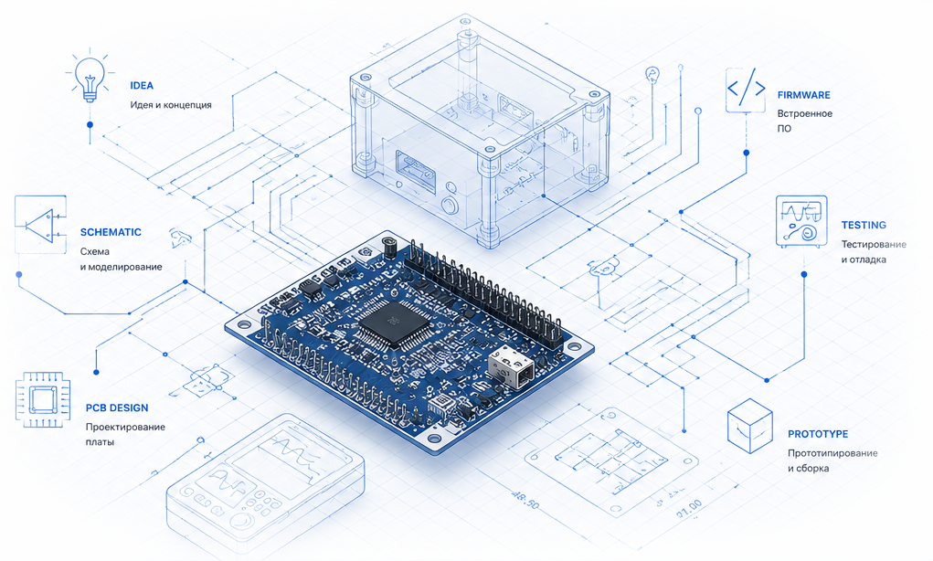 Blueprint-иллюстрация инженерного процесса: идея, схема, PCB, firmware, testing и prototype